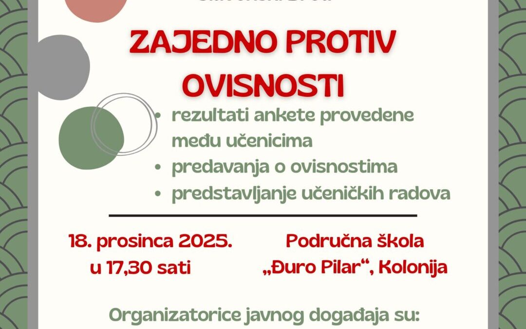 PREDSTAVLJANJE AKTIVNOSTI TIJEKOM MJESECA BORBE PROTIV OVISNOSTI 15.11.-15.12.2025. ZA RODITELJE, UČENIKE I UČITELJE